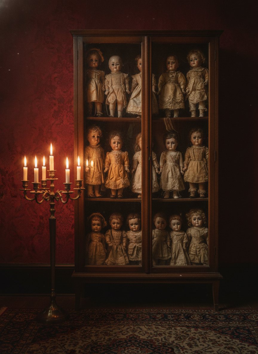 A candlelit parlour cabinet of antique dolls behind aged glass.