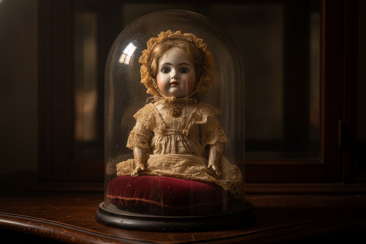 An antique doll resting on deep red velvet beneath glass.